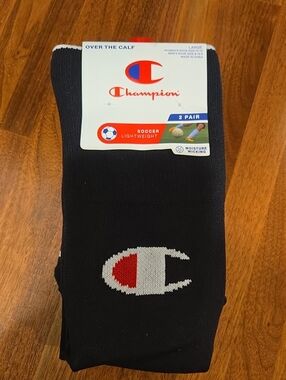 Champion Black Over-the-Calf Soccer Socks with White & Red Logo - 2 Pack